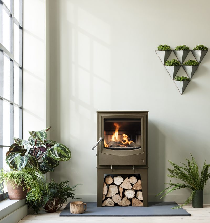 Arada Farringdon Small Eco stove in a modern setting with plants and natural light