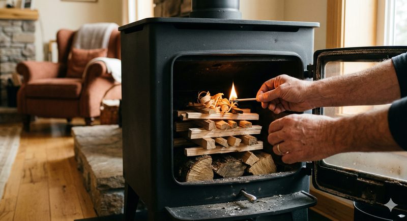Hands lighting a wood burning stove using the top-down method with kindling
