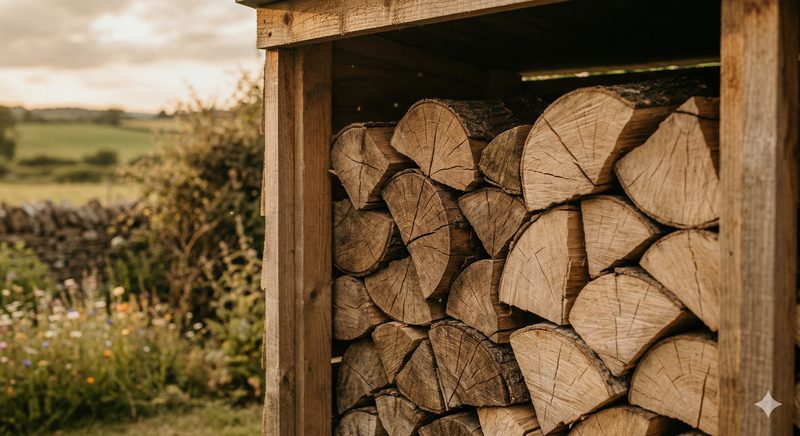 Seasoned hardwood logs stacked in an outdoor log store in the countryside